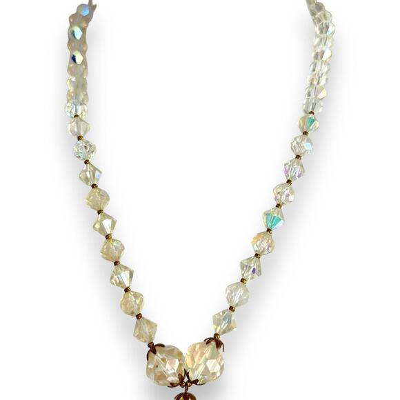 Aurora Borealis Glass Crystal Bead Necklace Long Necklace Tassel Gold Tone 50s - Picture 12 of 16